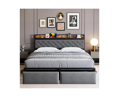 gaomon King Size Led Bed Frame with Headboard and 2 Storage Drawers, Upholstered Platform Bed with Charging Station