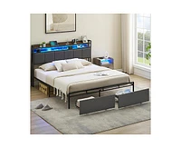 Garmin King Size Bed Frame with Headboard and Storage Drawers, Upholstered Platform Bed Frame with Charging Station and Led Lights, Gray