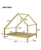 Slickblue Full Size Metal House Platform Bed with Roof and Chimney