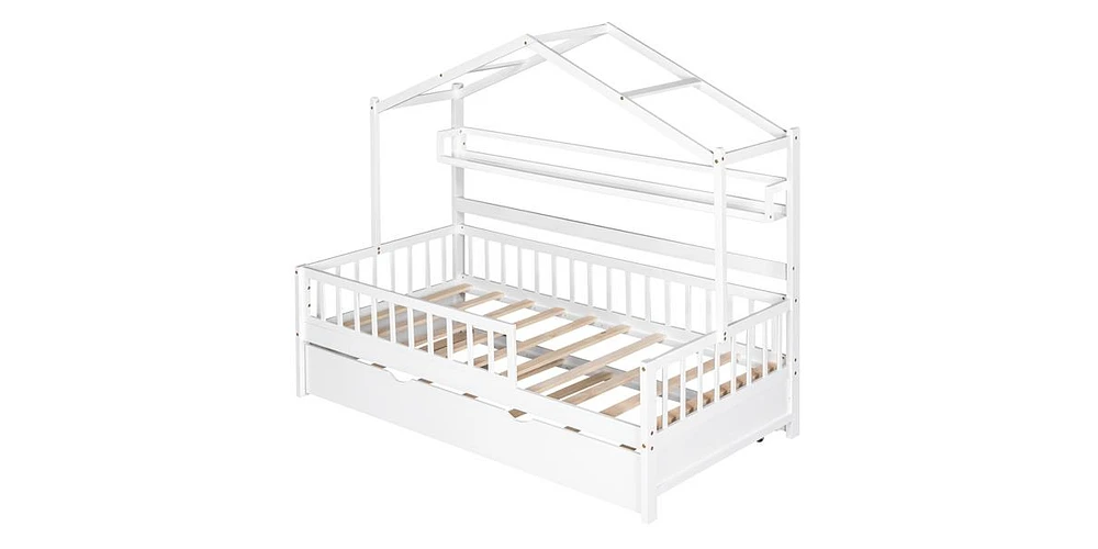 Slickblue Wooden Twin Size House Bed with Trundle and Storage Shelf for Kids