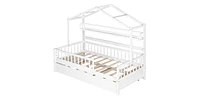 Slickblue Wooden Twin Size House Bed with Trundle and Storage Shelf for Kids