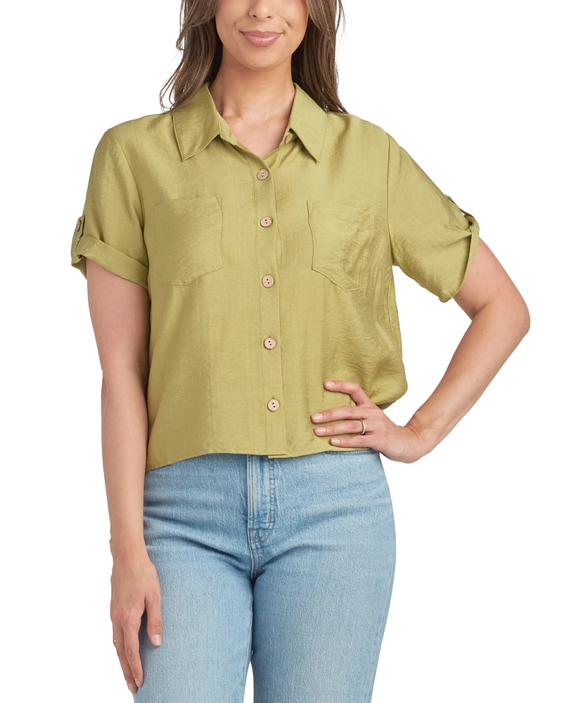 Bcx Juniors' Short Cuffed-Sleeve Utility Shirt