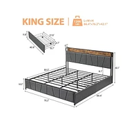 gaomon King Size Bed Frame with 2 Storage Drawers and Charging Station, Rustic Linen Upholstered Platform Bed Frame with Storage Headboard, Gray