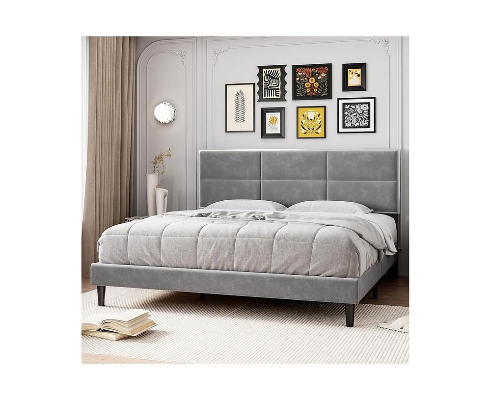 gaomon Full Size Bed Frame, Velvet Upholstered Platform Bed Frame with Headboard, Wooden Slats Support, No Box Spring Needed, Easy Assembly, Gray