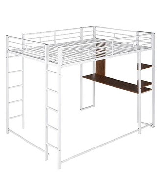 Slickblue Full Size Metal Loft Bed with 2 Shelves and one Desk ,White