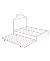 Slickblue Full Size Metal Platform Bed with twin size trundle,House-Shaped Headboard Design