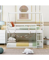 Slickblue Twin over Twin Low Bunk Bed in White - House Design with Ladder for Easy Access, Perfect for Kids' Bedrooms and Saving Space