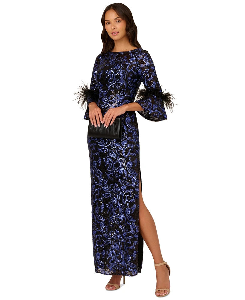 Adrianna Papell Women's Sequined Feather-Trim Gown