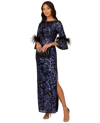 Adrianna Papell Women's Sequined Feather-Trim Gown