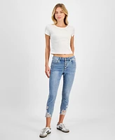 Indigo Rein Juniors' Mid Rise Button Fly Distressed Cropped Curvy Jeans