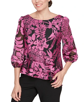 Alex Evenings Women's Printed Tiered Asymmetrical Blouse