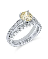 Bling Jewelry 1 Ct Canary Yellow Cubic Zirconia Round Princess Cut Solitaire Cathedral Setting Thin Eternity Pave Band Cz Ring Set .925 Sterling Silve