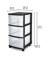 Sterilite 3 Drawer Plastic Rolling Storage Cart, Clear with Black Frame (4-Pack)