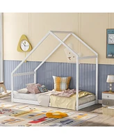 Slickblue Twin Size Wooden House Bed in White – Sleek and Fun Design for Kids' Bedrooms, Perfect for Playful Spaces and Cozy Sleeping