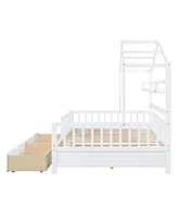 Slickblue Wooden Full Size House Bed with 2 Drawers,Kids Bed with Storage Shelf, White