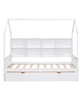 Slickblue Wooden Twin Size House Bed with 2 Drawers,Kids Bed with Storage Shelf, White