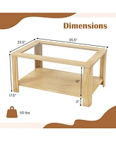 Gymax 2-Tier Coffee Table w/ Tempered Glass Tabletop & Storage Shelf Rounded Corners