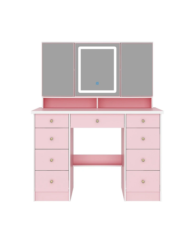 Famapy Pink Modern Makeup Vanity Desk 9-Drawers Wood Dressing Table with 3 Mirrors, Hidden Storage Shelves, Led Lighted Lights