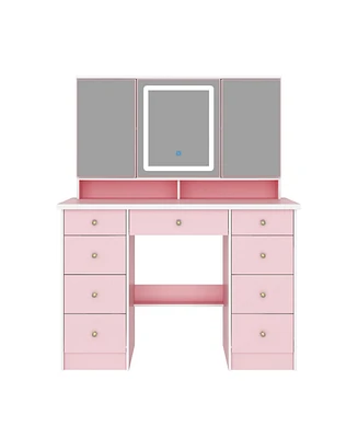 Famapy Pink Modern Makeup Vanity Desk 9-Drawers Wood Dressing Table with 3 Mirrors, Hidden Storage Shelves, Led Lighted Lights