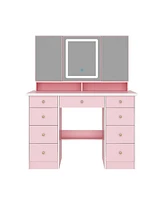 Famapy Pink Modern Makeup Vanity Desk 9-Drawers Wood Dressing Table with 3 Mirrors, Hidden Storage Shelves, Led Lighted Lights