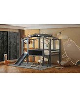 Slickblue Loft Bed with Ladder, Slide, Blackboard, and Roof Light Strip Fun House for Kids