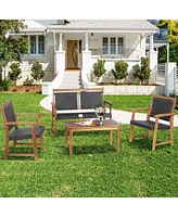 Sugift 4 Pieces Outdoor Patio Rattan Furniture Conversation Sets with Acacia Wood Frame