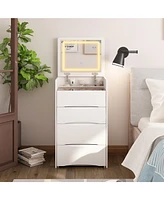 Famapy White Makeup Vanity Sets Dressing Chest with Flip-top Mirror, 3-Drawers, See-Through Glass Top, Led Lights and Stool