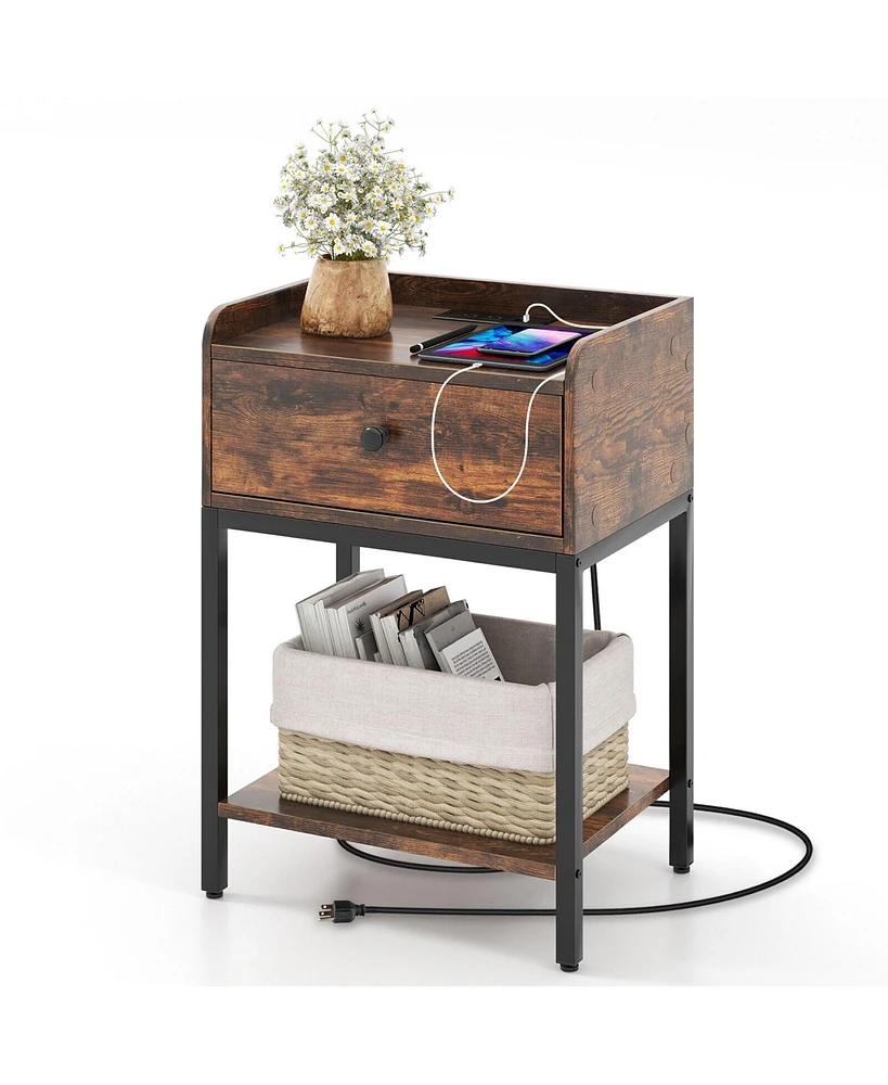 Gymax Nightstand Side End Table w/ Charging Station Drawer Open Shelf for Small Space