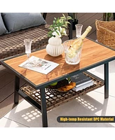 Sugift 2 Pieces Patio Rattan Coffee Table Set with Shelf and Quick Dry Cushion