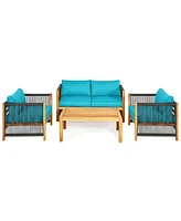 Sugift 4 Pieces Acacia Wood Sofa Set with Cushions for Outdoor Patio