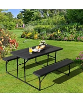 Sugift Folding Picnic Black Table Bench Set with Wood-like Texture