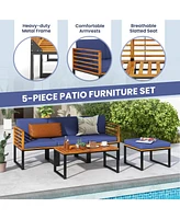 Sugift 5-Piece Patio Acacia Wood Chair Set with Ottoman and Coffee Table