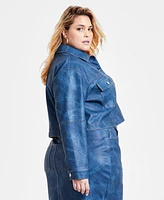 Bar Iii Trendy Plus Denim Faux-Leather Cropped Jacket, Exclusively at Macy's