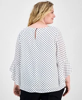 Kasper Plus Polka-Dot Ruffle-Sleeve Blouse