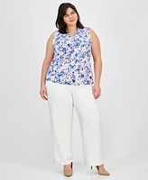 Kasper Plus Printed Sleeveless Knot-Front Blouse