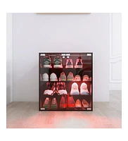 Slickblue 4 Layers Black Shoe Cabinet with Glass Door and Glass Layer Shoes Display Cabinet with Led light Bluetooth Control