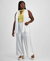 Bar Iii Trendy Plus Size Single Button Collared Vest Cowl Neck Cutout Sleeveless Top Grommet Belt Wide Leg Pants Exclusively At Macys