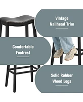 Sugift 29 Inch Set of 2 Backless Wood Nailhead Barstools with Pvc Leather Seat