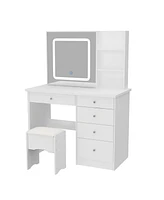 Famapy 5-Drawers White Makeup Vanity Sets Dressing Table Sets with Led Dimmable Mirror, Stool and 3-Tier Storage Shelves