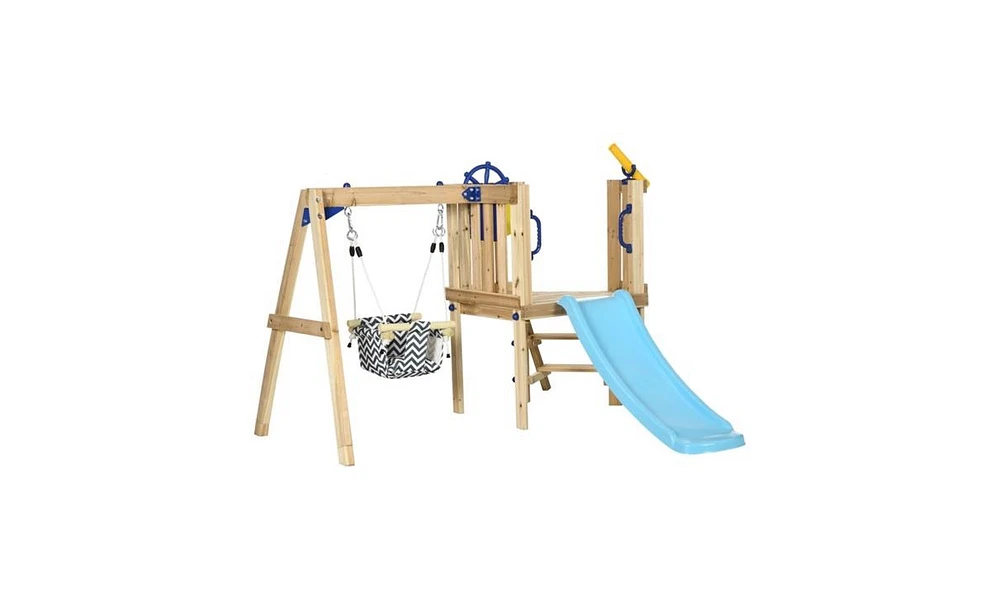 Slickblue Wooden Swing Set with Toddler Slide – Safe and Sturdy Outdoor Playset for Young Children, Perfect for Backyard Fun