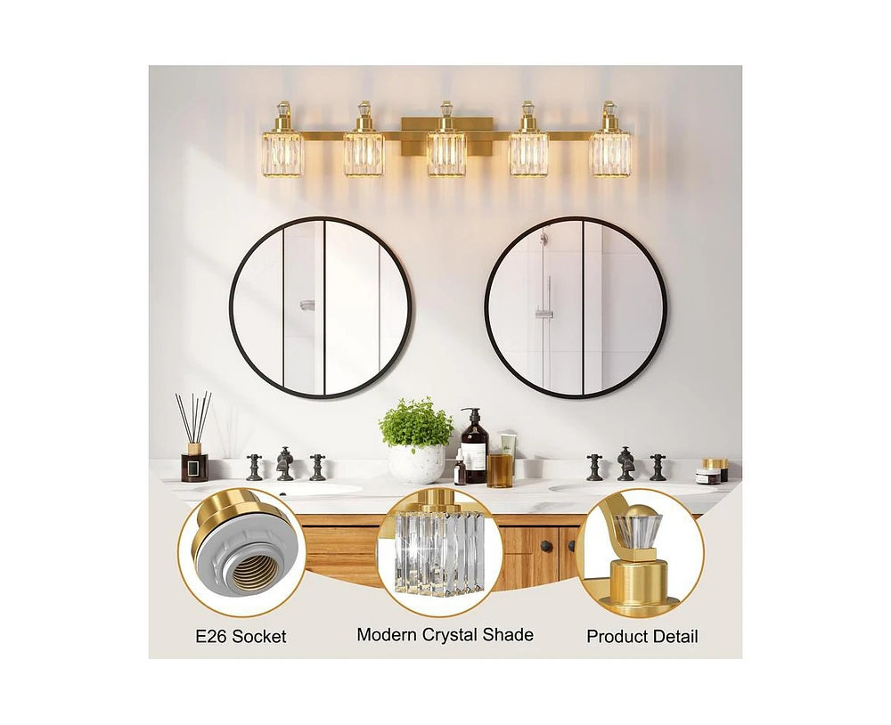 gaomon Bathroom Vanity Light Fixtures Modern Crystal Vanity Light Fixtures Over Mirror，5 Light Modern Crystal Wall Lighting with Square Shade G