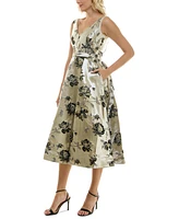 Taylor Women's Floral Jacquard V-Neck Belted Dress