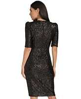 Calvin Klein Women's Sequined Ruched Puff-Shoulder V-Neck Dress