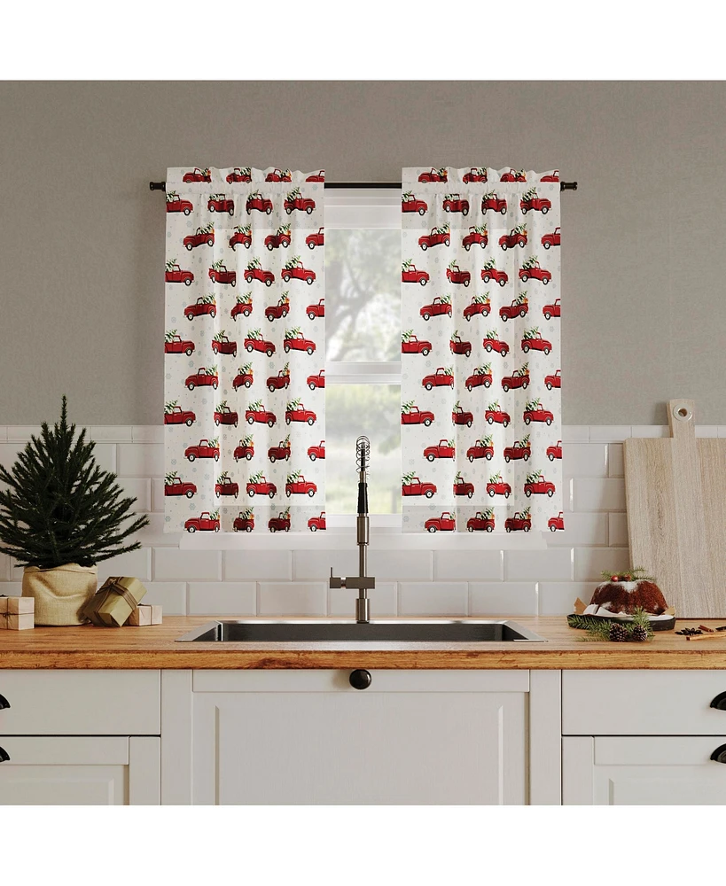 No. 918 Christmas Pickup Truck Semi-Sheer Rod Pocket Kitchen Curtain Tier Pair