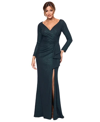 Xscape Women's Metallic V-Neck Ruched Side-Drape Gown