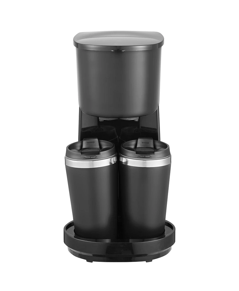 Elite Cuisine Dual Coffee Maker with Two Stainless Steel Interior Travel Mugs