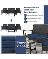 Sugift 4 Pieces Rattan Conversation Set with Tempered Glass Coffee Table