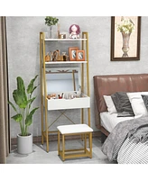 Sugift Ladder Vanity Desk Set with Flip Top Mirror and Cushioned Stool