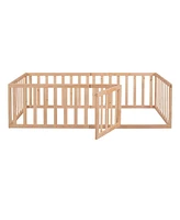 Twin Wood Floor Bed Frame with Fence and Door for Kids