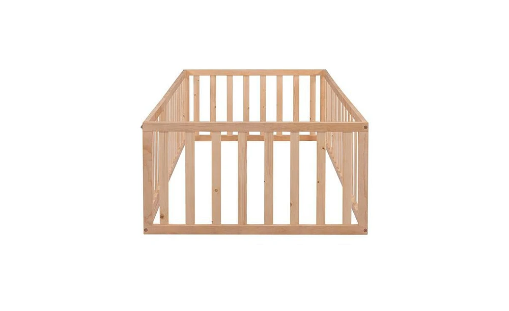 Twin Wood Floor Bed Frame with Fence and Door for Kids